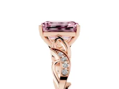 Fancy Pink Emerald Cut Diamond Vine Band Solitaire Ring Set in Rose gold with Milgrain Prong Setting