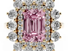 Fancy Pink Emerald Cut Diamond Floral Double Halo Ring Set in Yellow gold with Round Petals