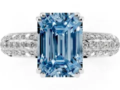Fancy Blue Emerald Cut Diamond Solitaire Ring Set in Platinum with Multi-Row Round Pavé Band and Prong Setting