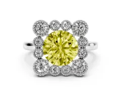 Fancy Yellow Round Cut Diamond Cluster Halo Ring Set in White gold with Milgrain Bezel Accents and Plain Band