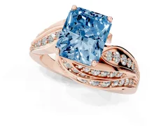 Fancy Blue Radiant Cut Diamond Solitaire Ring Set in Rose gold with Layered Twist Pavé Band