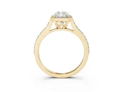 Radiant Cut Diamond Halo Engagement Ring Set in Yellow gold with Round Pavé Shoulders and Heart Gallery
