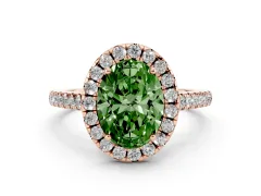 Fancy Green Oval Cut Diamond Pavé Halo Engagement Ring Set in Rose gold with Pavé Band and Prong Setting