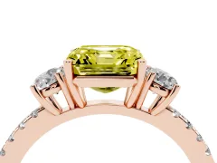 Fancy Yellow Asscher Cut Diamond Three-Stone Ring Set in Rose gold with Pavé Band and Graduated Sides