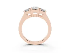 Emerald Cut Diamond Three-Stone Ring Set in Rose gold with Channel-Set Band and Prong Settings