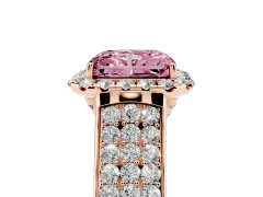 Fancy Pink Radiant Cut Diamond Halo Ring Set in Rose gold with Pavé Band and Raised Center Setting