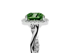 Fancy Green Cushion Cut Diamond Halo Twist Band Solitaire Ring Set in White gold with Prong Setting