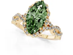 Fancy Green Marquise Cut Diamond Halo Twist Band Solitaire Ring Set in Yellow gold with Prong-Set Center Stone