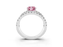 Fancy Pink Cushion Cut Diamond Split Shank Pavé Solitaire Ring Set in Platinum with Open Shank Design