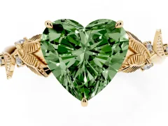 Fancy Green Heart Cut Diamond Solitaire Ring Set in Yellow gold with Leaf Motif Band