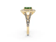 Fancy Green Emerald Cut Diamond Double Halo Ring Set in Yellow gold with Pavé Split Shank and Prong Setting