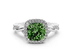 Fancy Green Cushion Cut Diamond Halo Twist Band Solitaire Ring Set in White gold with Prong Setting