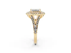 Emerald Cut Diamond Double Halo Ring Set in Yellow gold with Pavé Split Shank and Prong Setting