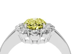 Fancy Yellow Oval Cut Diamond Halo Pavé Engagement Ring Set in Platinum with Milgrain Detailing