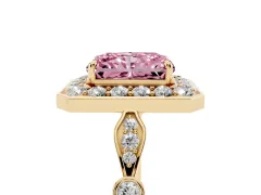 Fancy Pink Radiant Cut Diamond Halo Engagement Ring Set in Yellow gold with Twisted Band and Prong Setting