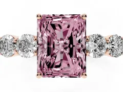 Fancy Pink Radiant Cut Diamond Five-Stone Prong Set Band Ring Set in Rose gold with Polished Band