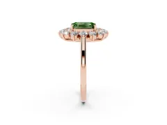 Fancy Green Emerald Cut Diamond Floral Double Halo Ring Set in Rose gold with Round Petals