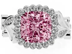 Fancy Pink Cushion Cut Diamond Halo Ring Set in Platinum with Leaf Motif Split Shank and Prong Setting