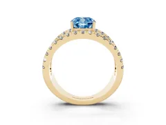 Fancy Blue Cushion Cut Diamond Split Shank Pavé Solitaire Ring Set in Yellow gold with Open Shank Design