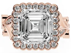 Asscher Cut Diamond Halo Ring Set in Rose gold with Leaf Motif Split Shank and Prong Setting