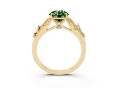 Fancy Green Round Cut Diamond Solitaire Ring Set in Yellow gold with Leaf Motif Band