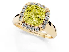 Fancy Yellow Cushion Cut Diamond Halo Solitaire Engagement Ring Set in Yellow gold with Square Band and Prong Setting