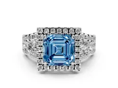 Fancy Blue Asscher Cut Diamond Halo Split Shank Ring Set in Platinum with Round Accent Stones and Prong Setting