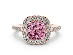 Fancy Pink Cushion Cut Diamond Pavé Halo Ring Set in Rose gold with Prong Setting
