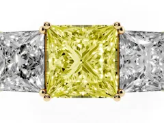 Fancy Yellow Princess Cut Diamond Three-Stone Ring Set in Yellow gold with Textured Band