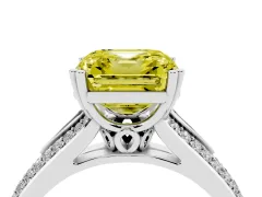 Fancy Yellow Asscher Cut Diamond Split Shank Pavé Engagement Ring Set in White gold with Prong-Set Center Stone