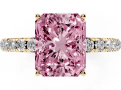Fancy Pink Radiant Cut Diamond Pavé Solitaire Engagement Ring Set in Yellow gold with Prong Setting