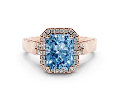 Fancy Blue Radiant Cut Diamond Halo Ring Set in Rose gold with Pavé-Lined Split Shank Band