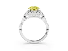 Fancy Yellow Round Cut Diamond Halo Engagement Ring Set in White gold with Vintage-Inspired Band and Prong Setting