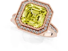 Fancy Yellow Asscher Cut Diamond Halo Milgrain Pavé Band Ring Set in Rose gold with Prong Setting