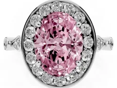 Fancy Pink Oval Cut Diamond Halo Engagement Ring Set in White gold with Twisted Band and Prong Setting