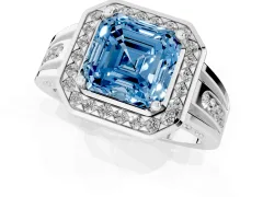 Fancy Blue Asscher Cut Diamond Halo Ring Set in Platinum with Pavé and Bezel Accent Split Shank