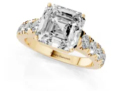 Asscher Cut Diamond Solitaire Ring Set in Yellow gold with Cut-Down Micro Pavé Band and Prong Setting