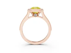 Fancy Yellow Radiant Cut Diamond Halo Milgrain Pavé Band Ring Set in Rose gold with Prong Setting