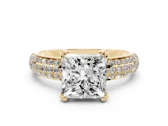 Princess Cut Diamond Solitaire Ring Set in Yellow gold with Multi-Row Round Pavé Band and Prong Setting