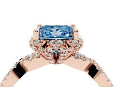 Fancy Blue Princess Cut Diamond Halo Twist Band Solitaire Ring Set in Rose gold with Prong-Set Center Stone