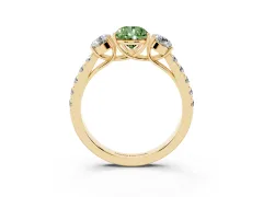 Fancy Green Pear Cut Diamond Three-Stone Ring Set in Yellow gold with Round Side Stones and Delicate Pavé Band