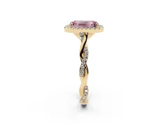 Fancy Pink Emerald Cut Diamond Halo Twist Band Solitaire Ring Set in Yellow gold with Prong Setting