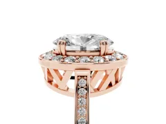 Oval Cut Diamond Halo Ring Set in Rose gold with Accent-Lined Split Shank and Prong Setting