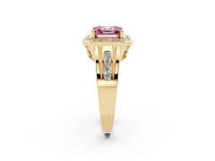 Fancy Pink Asscher Cut Diamond Halo Ring Set in Yellow gold with Pavé and Bezel Accent Split Shank