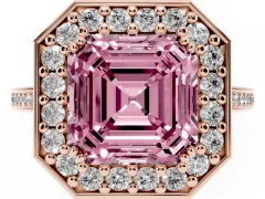 Fancy Pink Asscher Cut Diamond Halo Ring Set in Rose gold with Accent-Lined Split Shank and Prong Setting