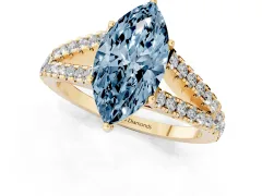Fancy Blue Marquise Cut Diamond Split Shank Pavé Engagement Ring Set in Yellow gold with Prong-Held Center Stone
