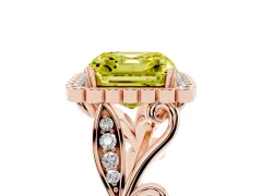 Fancy Yellow Asscher Cut Diamond Halo Ring Set in Rose gold with Leaf Motif Split Shank and Prong Setting
