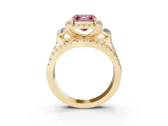 Fancy Pink Asscher Cut Diamond Halo Split Shank Ring Set in Yellow gold with Round Accent Stones and Prong Setting