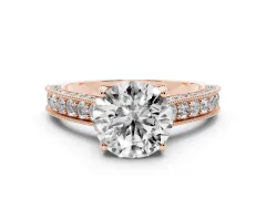 Round Cut Diamond Solitaire Ring Set in Rose gold with Milgrain-Edged Pavé Band and Prong Setting
