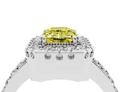 Fancy Yellow Emerald Cut Diamond Halo Ring Set in Platinum with Pavé Shank and Prong Setting
